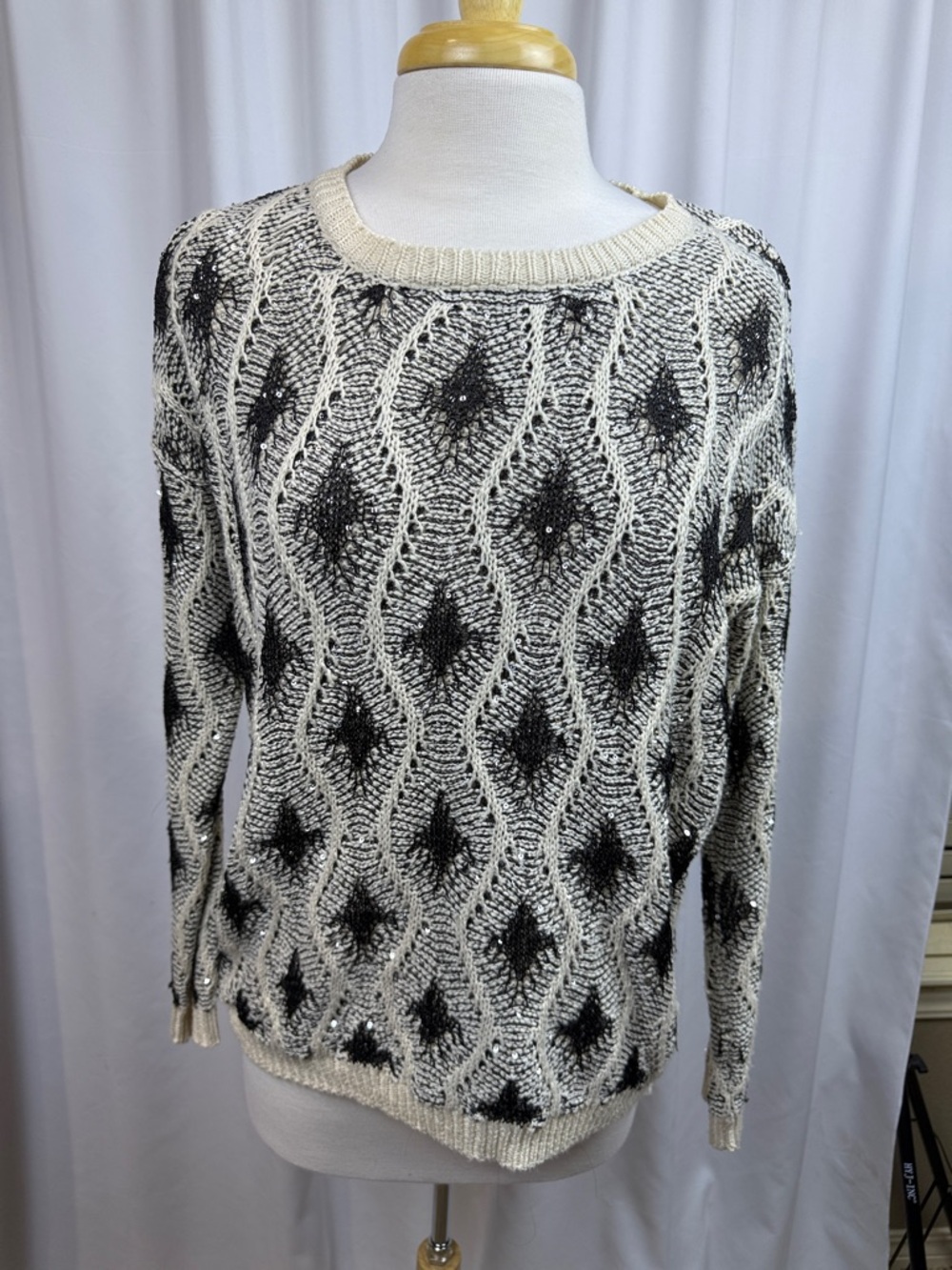 The Rage Women's Crewneck Sequined Sweater in Cream with Black Detail, Small